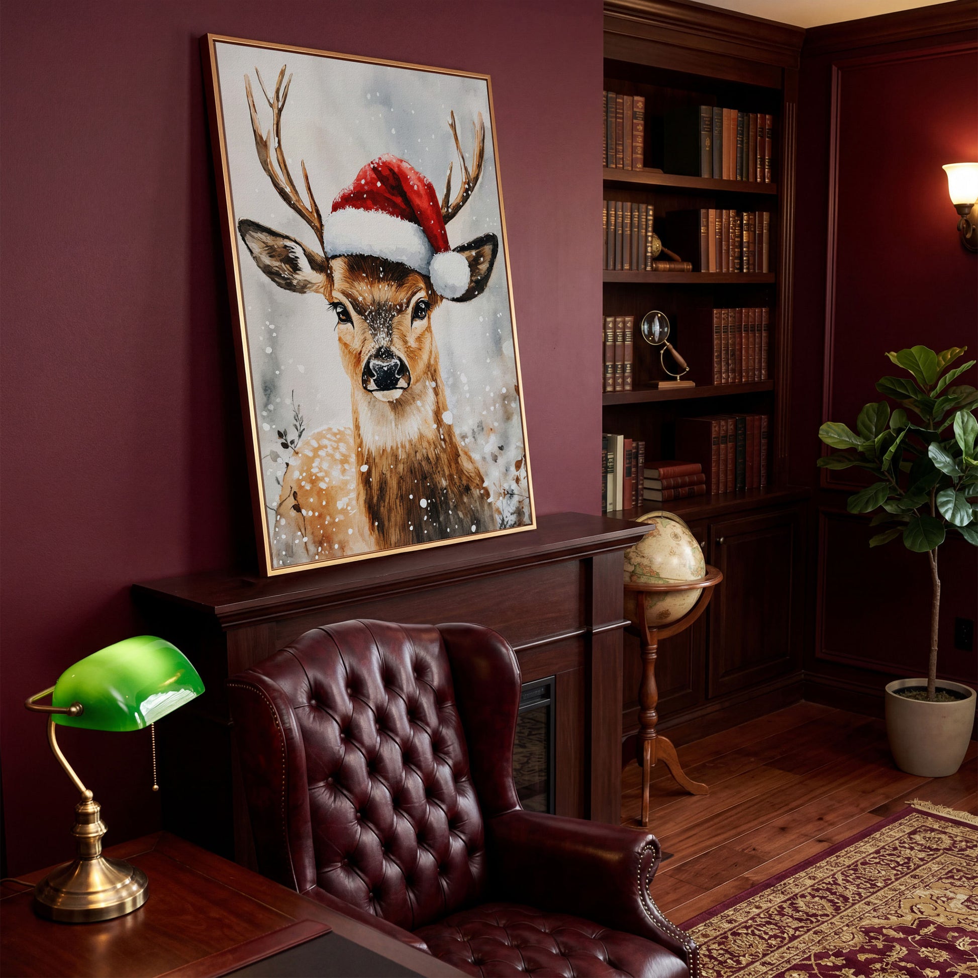 Festive Reindeer with Santa Hat Canvas Print in antique gold floating frame