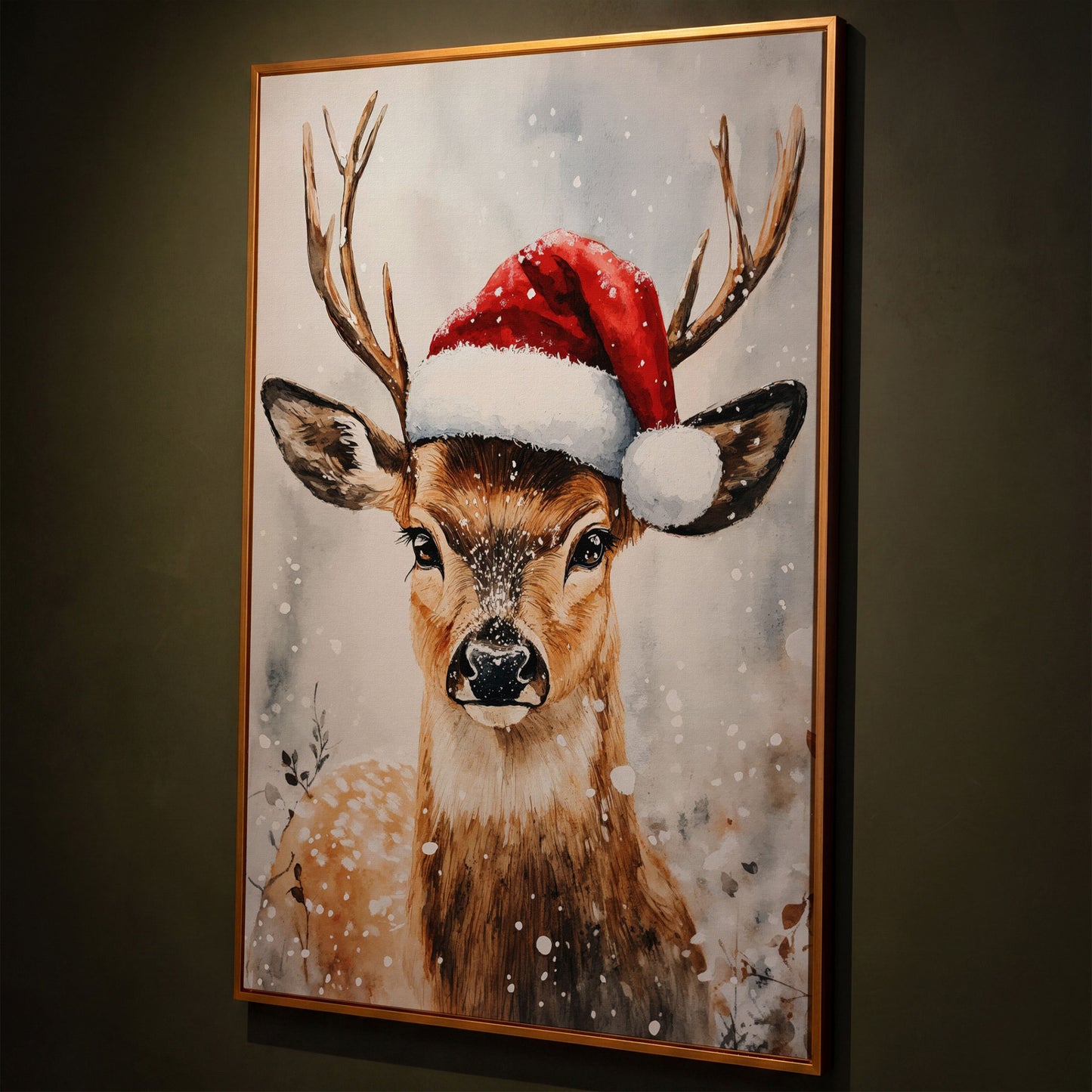 Festive Reindeer with Santa Hat Canvas Print shown in antique gold floating frame