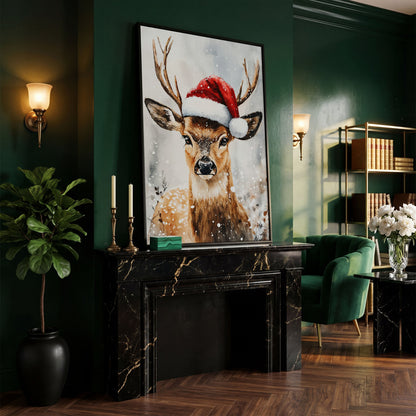 Festive Reindeer with Santa Hat Canvas Print in black floating frame