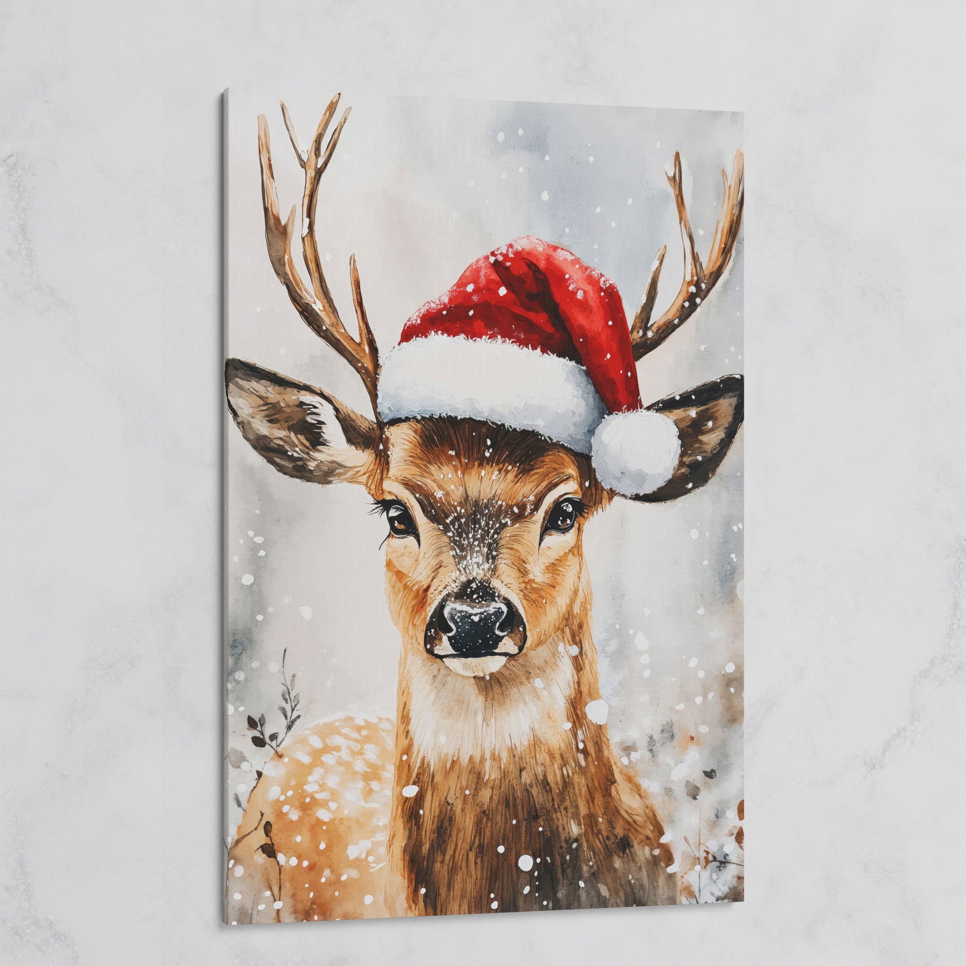 Festive Reindeer with Santa Hat Canvas Print on gallery wrap