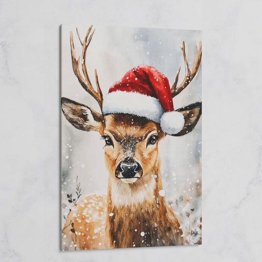Festive Reindeer with Santa Hat Canvas Print on gallery wrap