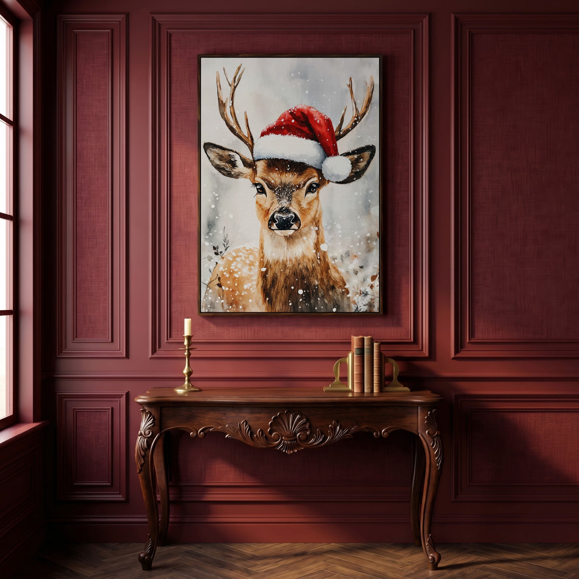 Festive Reindeer with Santa Hat Canvas Print in dark walnut floating frame