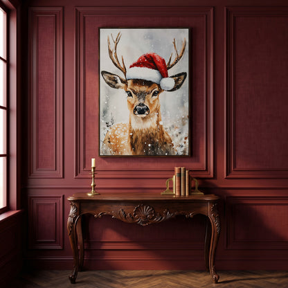 Festive Reindeer with Santa Hat Canvas Print in dark walnut floating frame