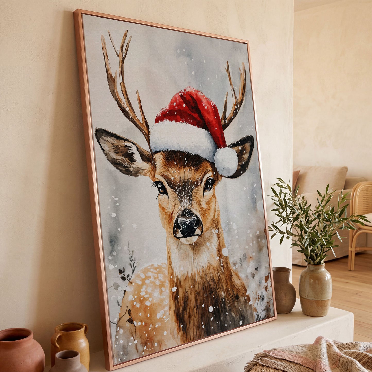 Festive Reindeer with Santa Hat Canvas Print in rose gold floating frame