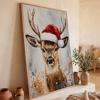 Festive Reindeer with Santa Hat Canvas Print in rose gold floating frame