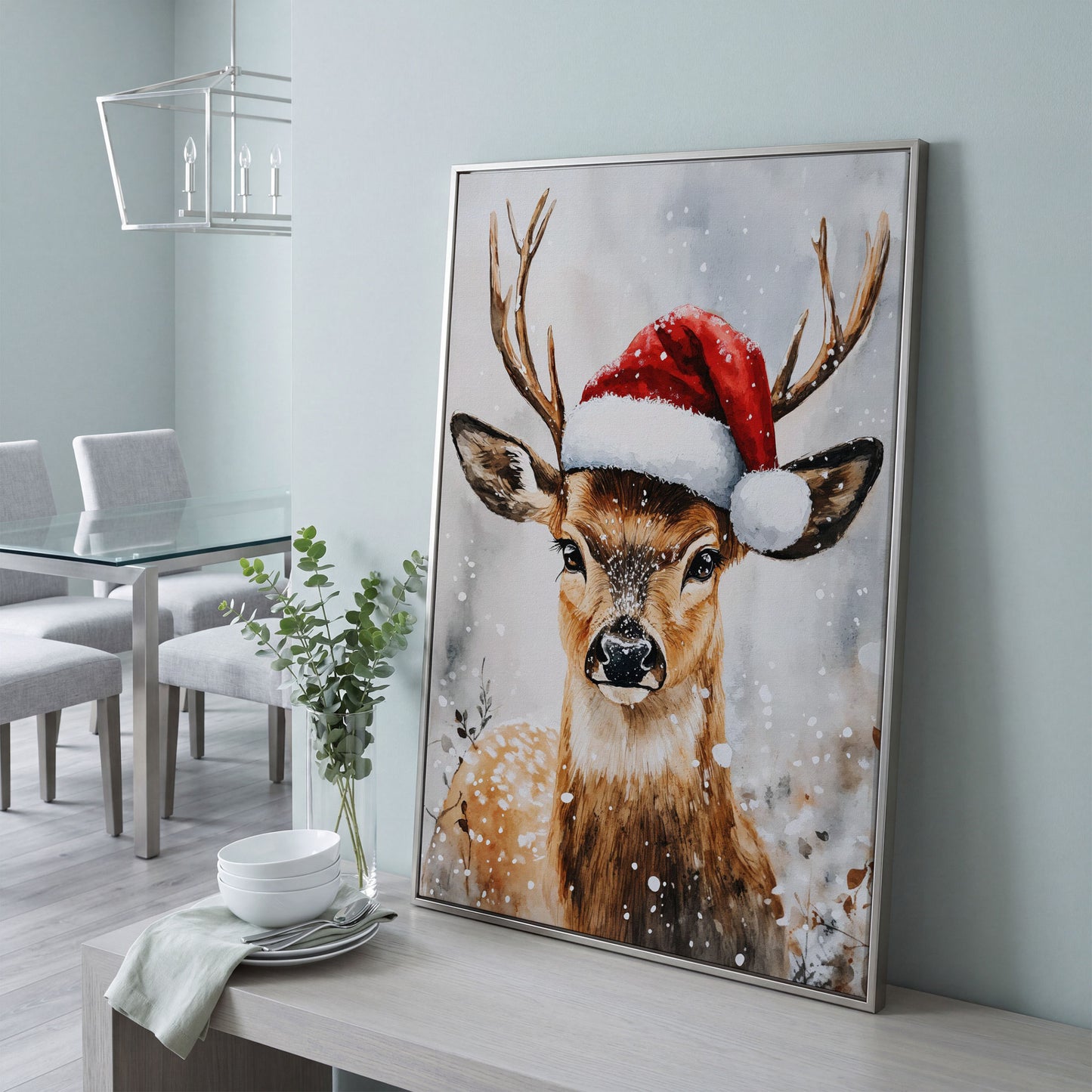 Festive Reindeer with Santa Hat Canvas Print in silver floating frame
