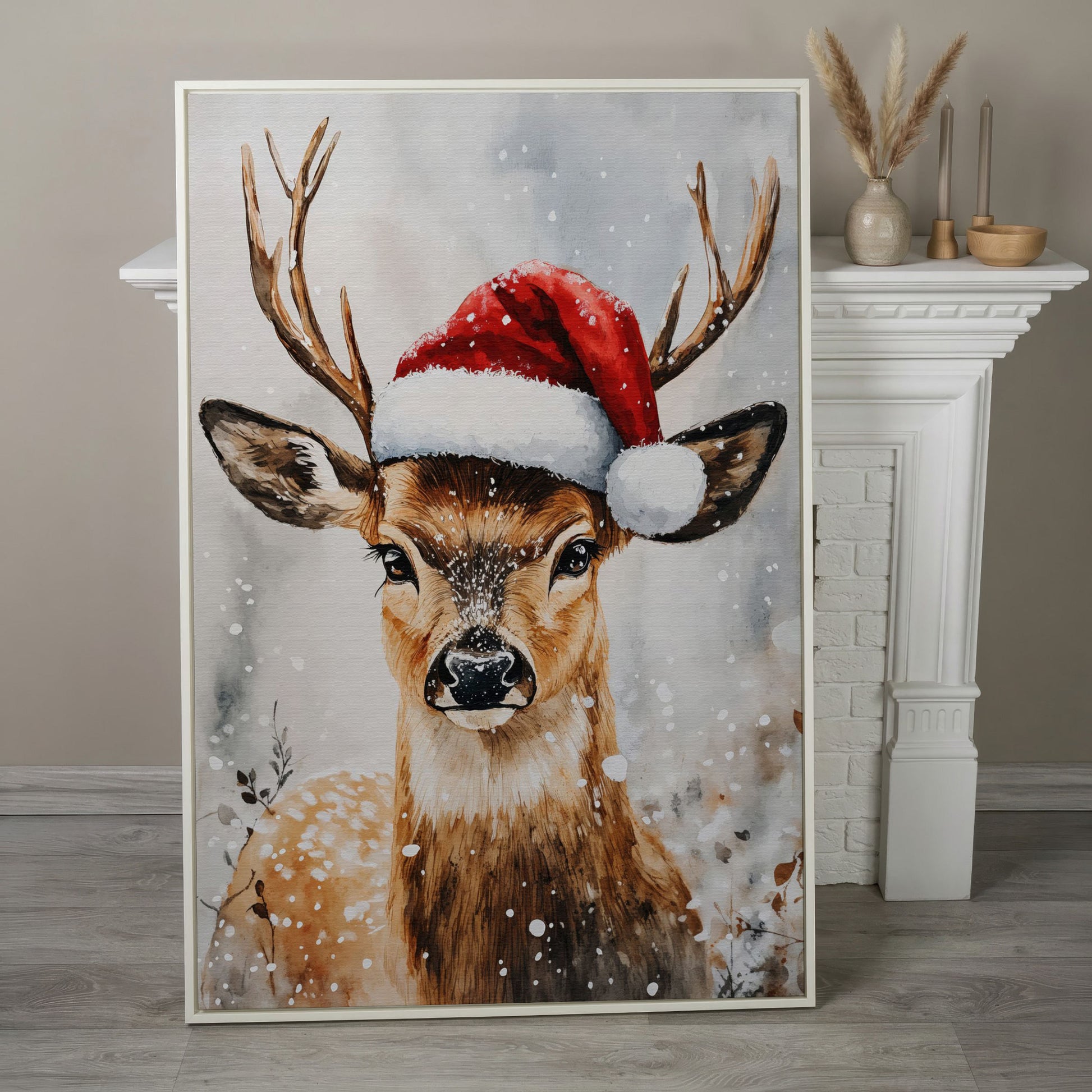 Festive Reindeer with Santa Hat Canvas Print in white floating frame