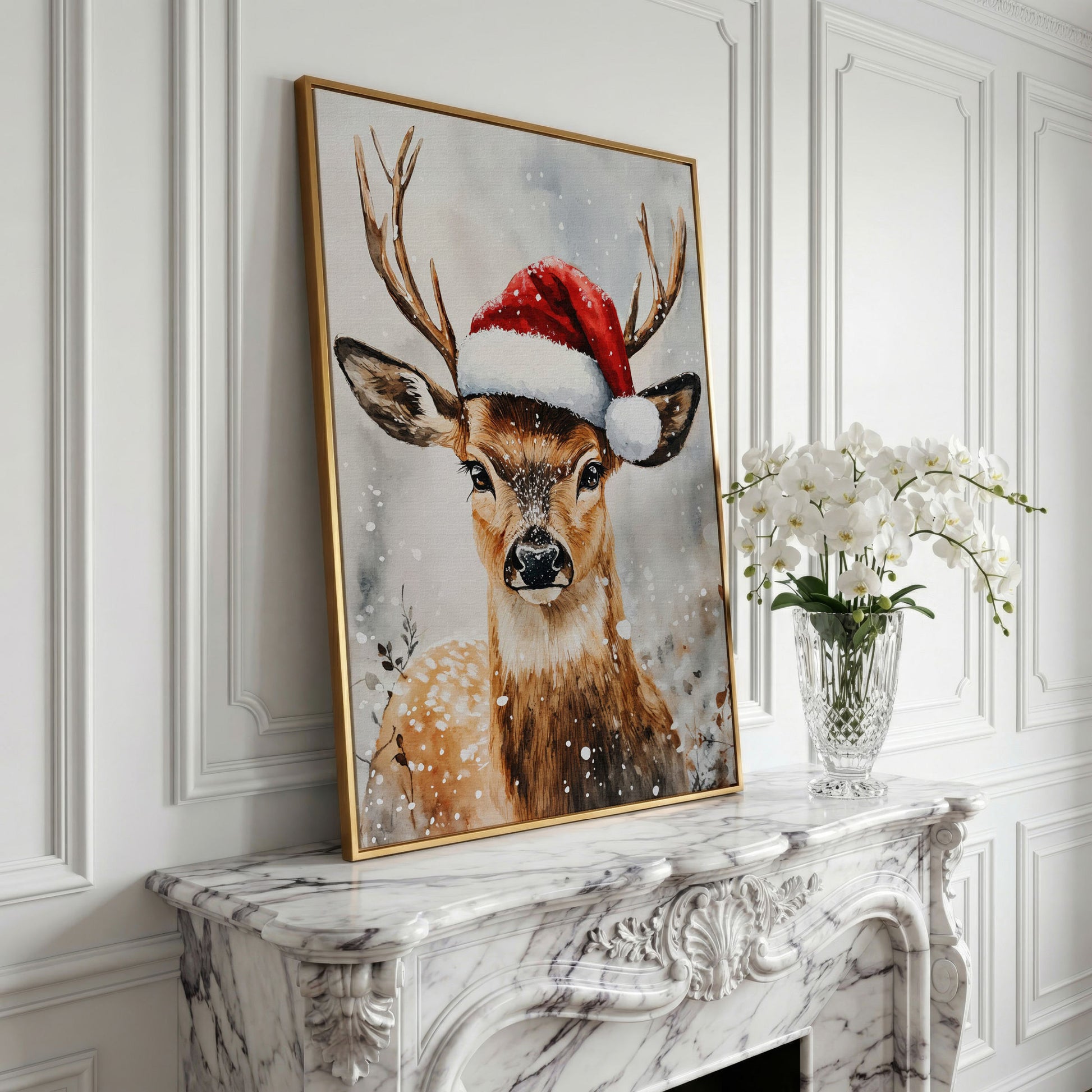 Festive Reindeer with Santa Hat Canvas Print in yellow gold floating frame