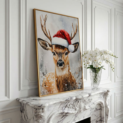 Festive Reindeer with Santa Hat Canvas Print in yellow gold floating frame