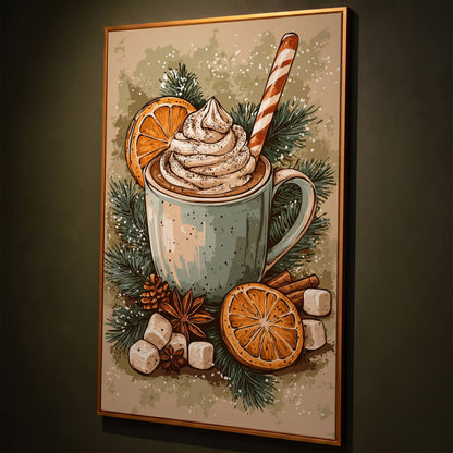 Hot Chocolate Still Life Canvas Print shown in antique gold floating frame