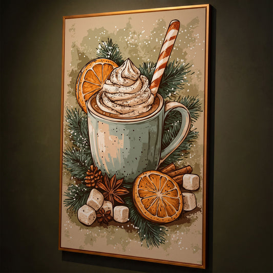 Hot Chocolate Still Life Canvas Print shown in antique gold floating frame
