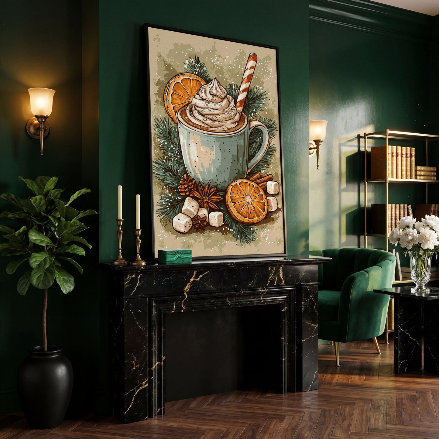 Hot Chocolate Still Life Canvas Print in black floating frame