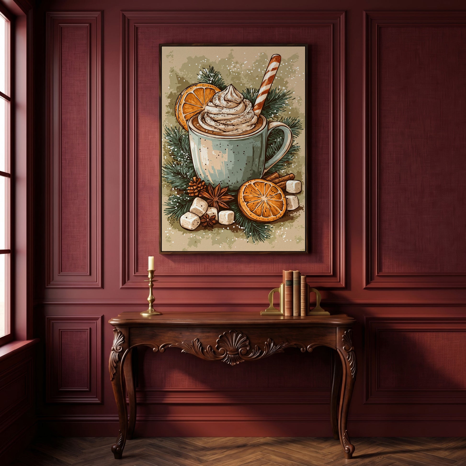 Hot Chocolate Still Life Canvas Print in dark walnut floating frame