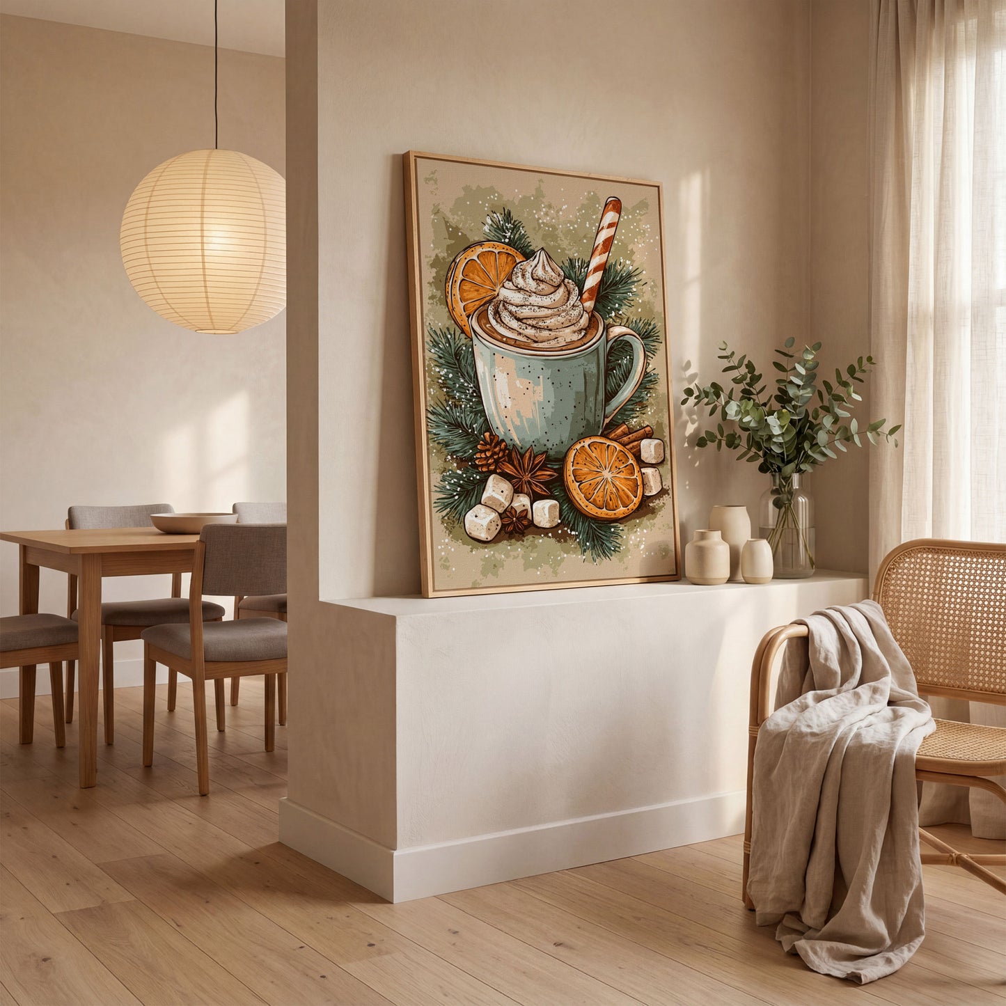Hot Chocolate Still Life Canvas Print in white oak floating frame