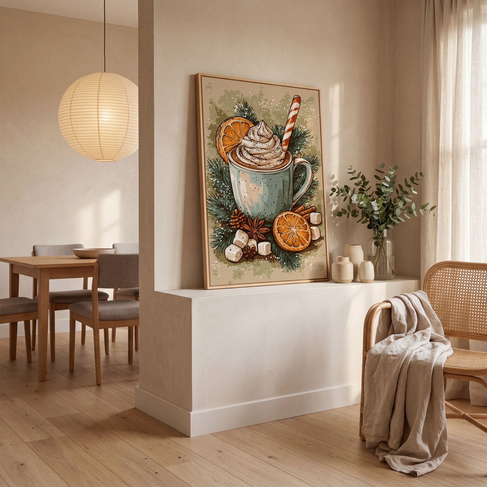 Hot Chocolate Still Life Canvas Print in white oak floating frame