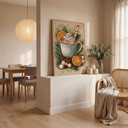 Hot Chocolate Still Life Canvas Print in white oak floating frame