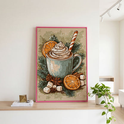 Hot Chocolate Still Life Canvas Print in pink floating frame