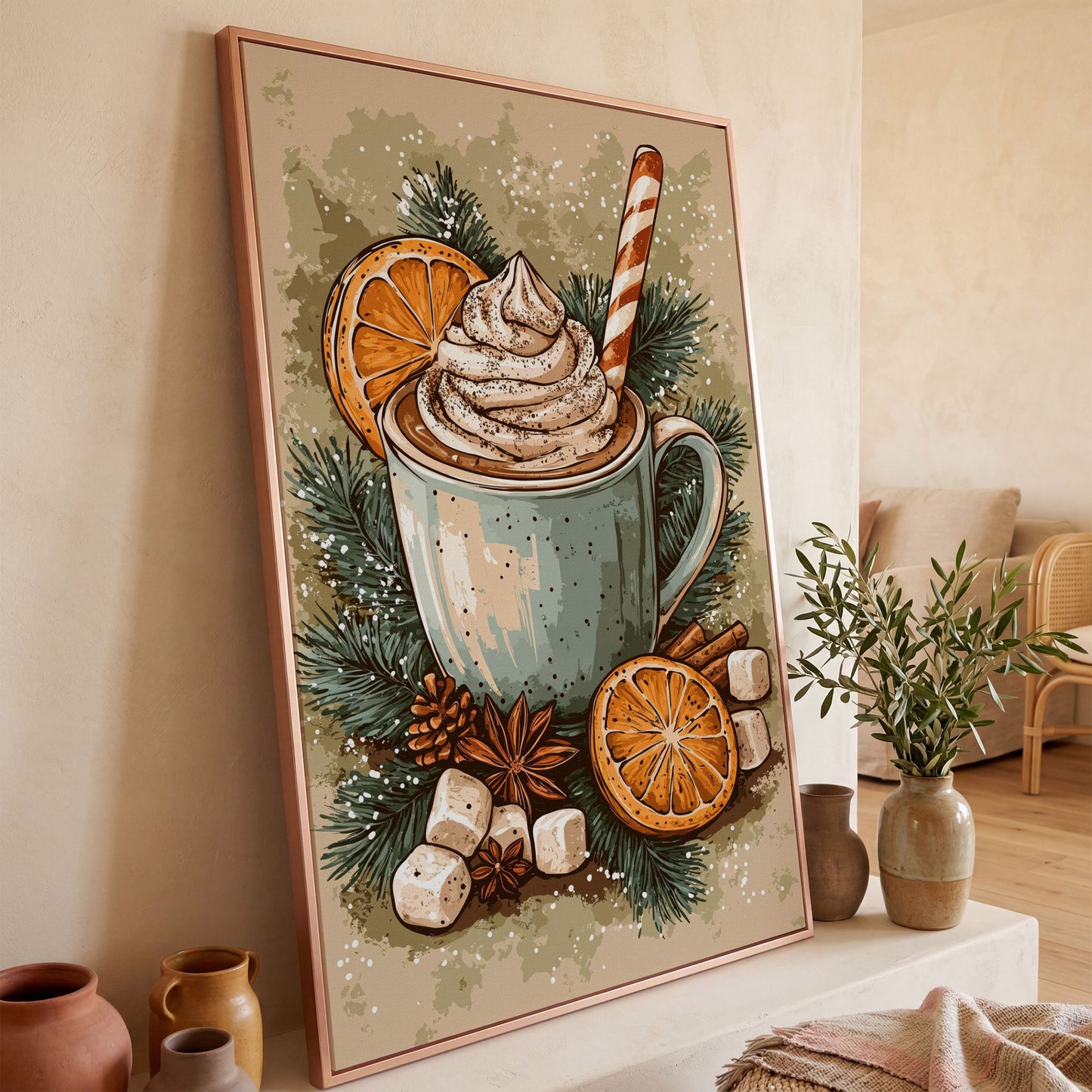 Hot Chocolate Still Life Canvas Print in rose gold floating frame