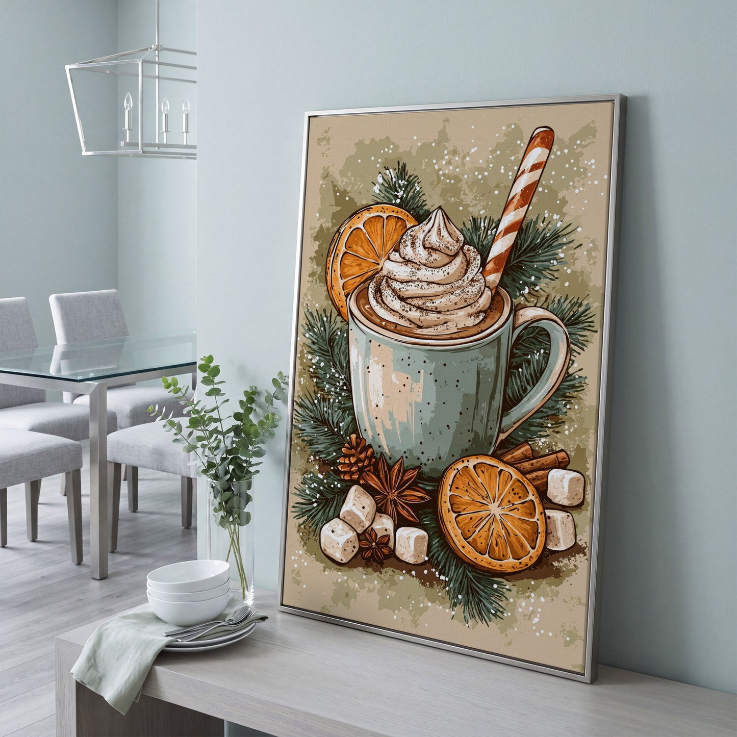 Hot Chocolate Still Life Canvas Print in silver floating frame