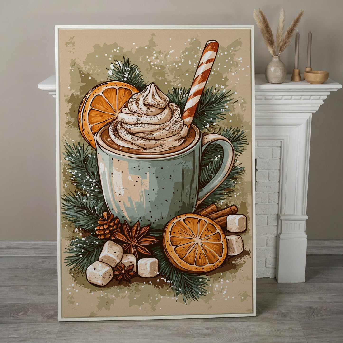 Hot Chocolate Still Life Canvas Print in white floating frame