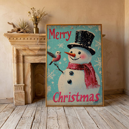 Merry Christmas Snowman with Winter Birds Canvas in antique gold floating frame