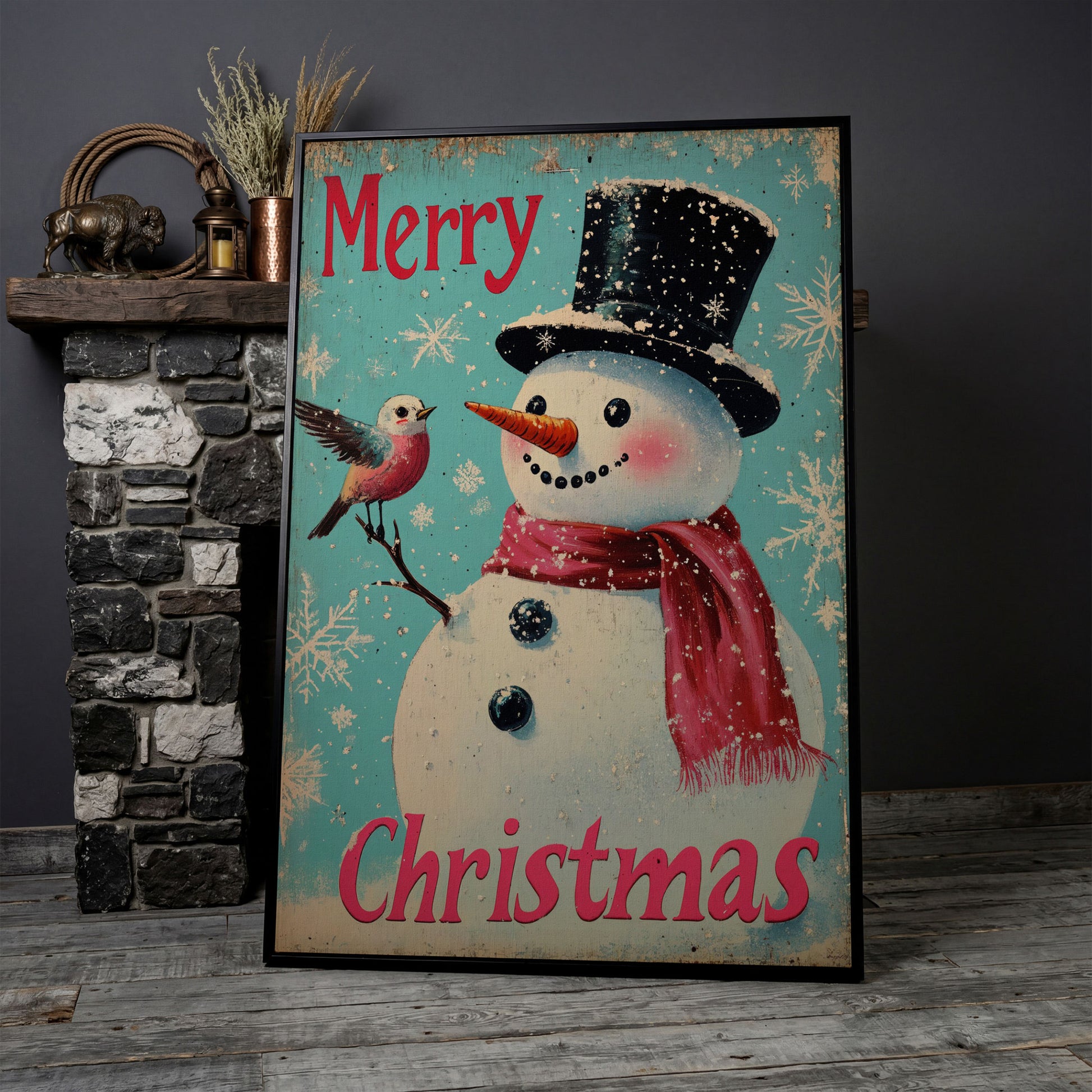 Merry Christmas Snowman with Winter Birds Canvas in black floating frame