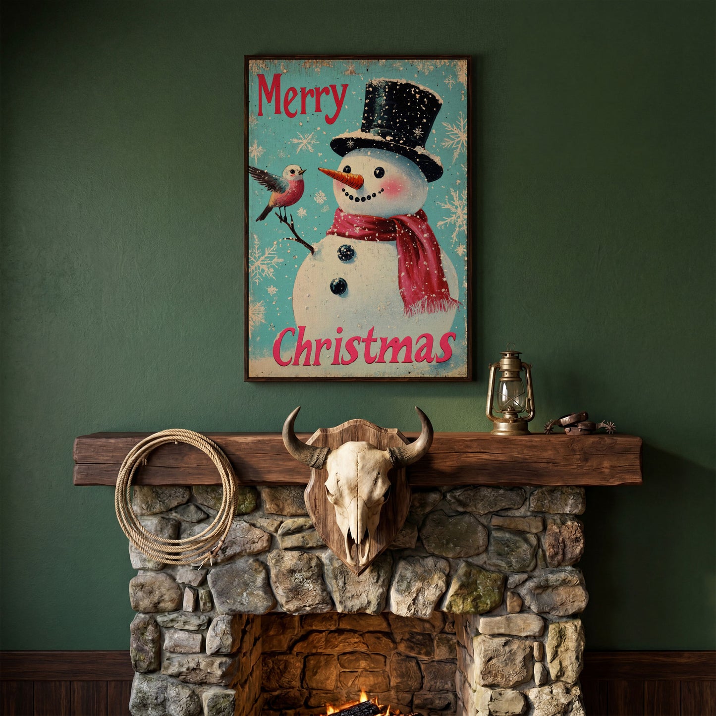 Merry Christmas Snowman with Winter Birds Canvas in dark walnut floating frame