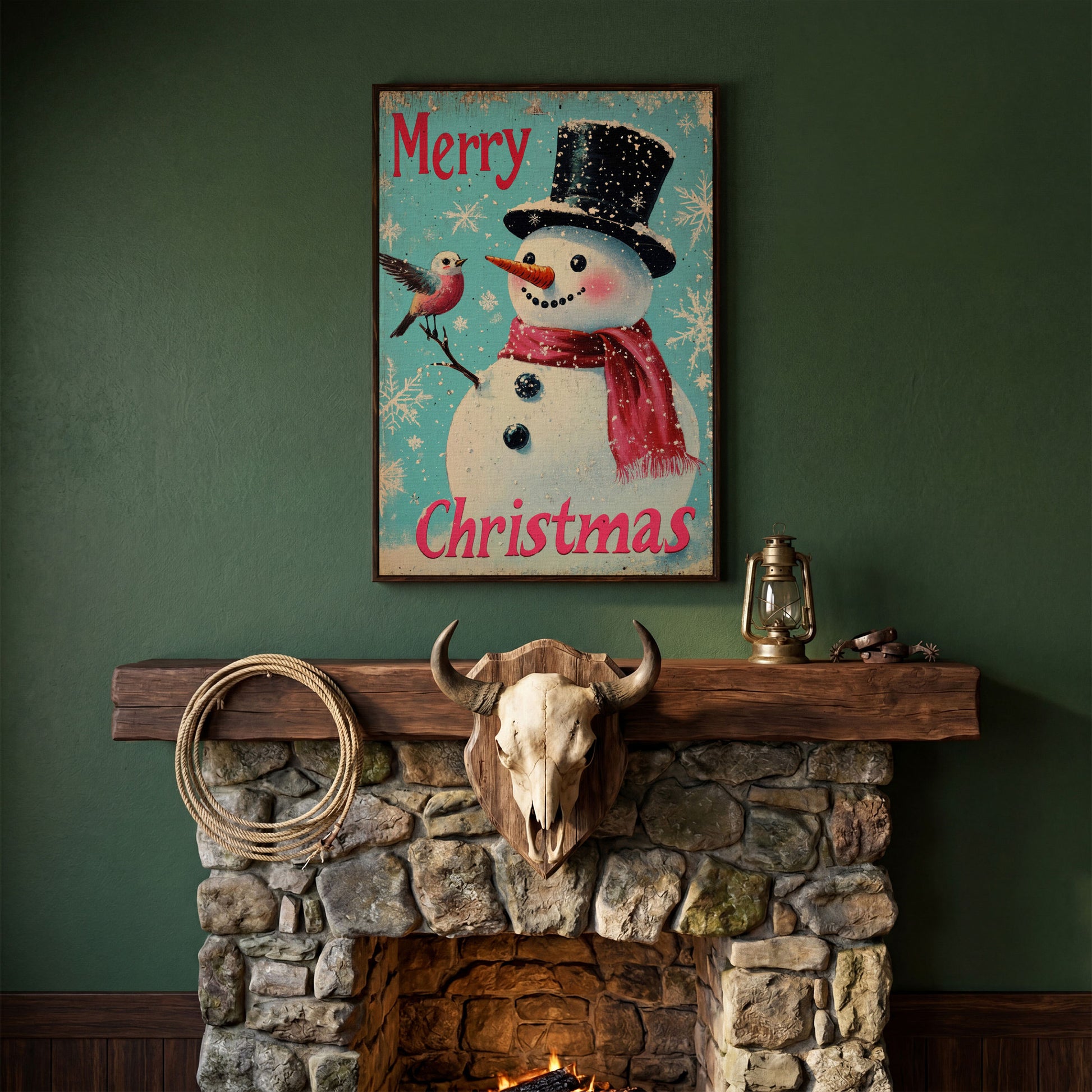 Merry Christmas Snowman with Winter Birds Canvas in dark walnut floating frame