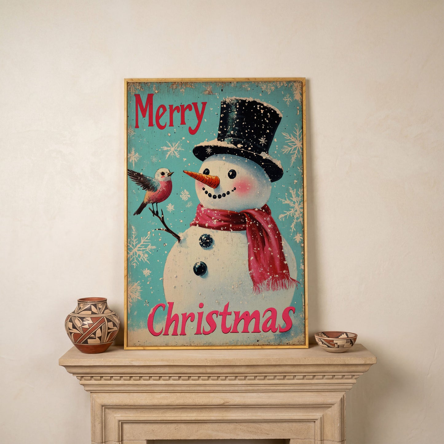 Merry Christmas Snowman with Winter Birds Canvas in white oak floating frame