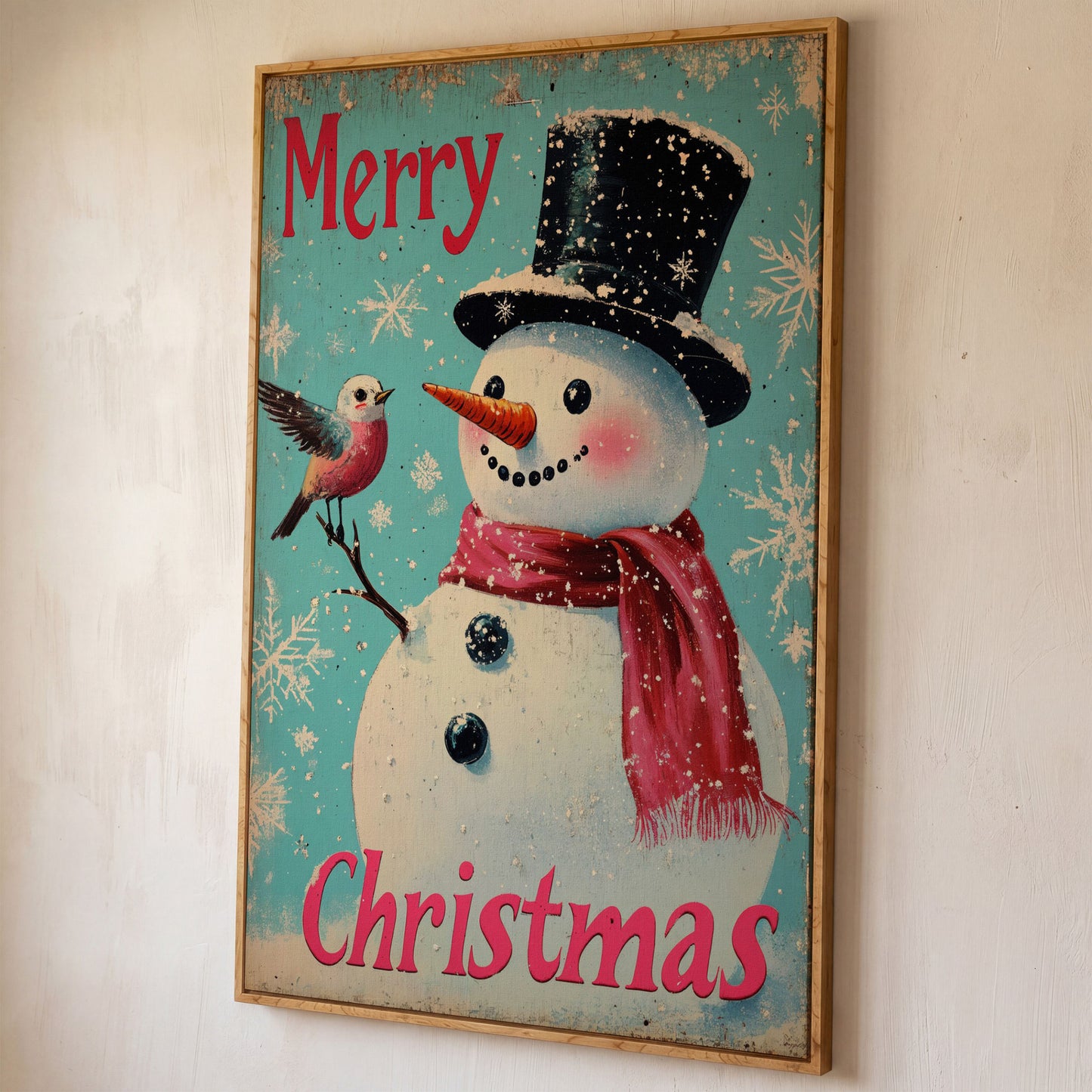 Merry Christmas Snowman with Winter Birds Canvas shown in white oak floating frame