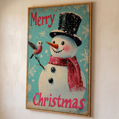Merry Christmas Snowman with Winter Birds Canvas shown in white oak floating frame