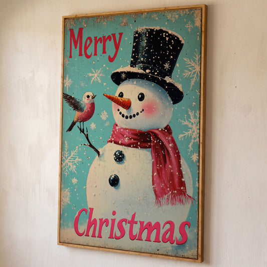 Merry Christmas Snowman with Winter Birds Canvas shown in white oak floating frame
