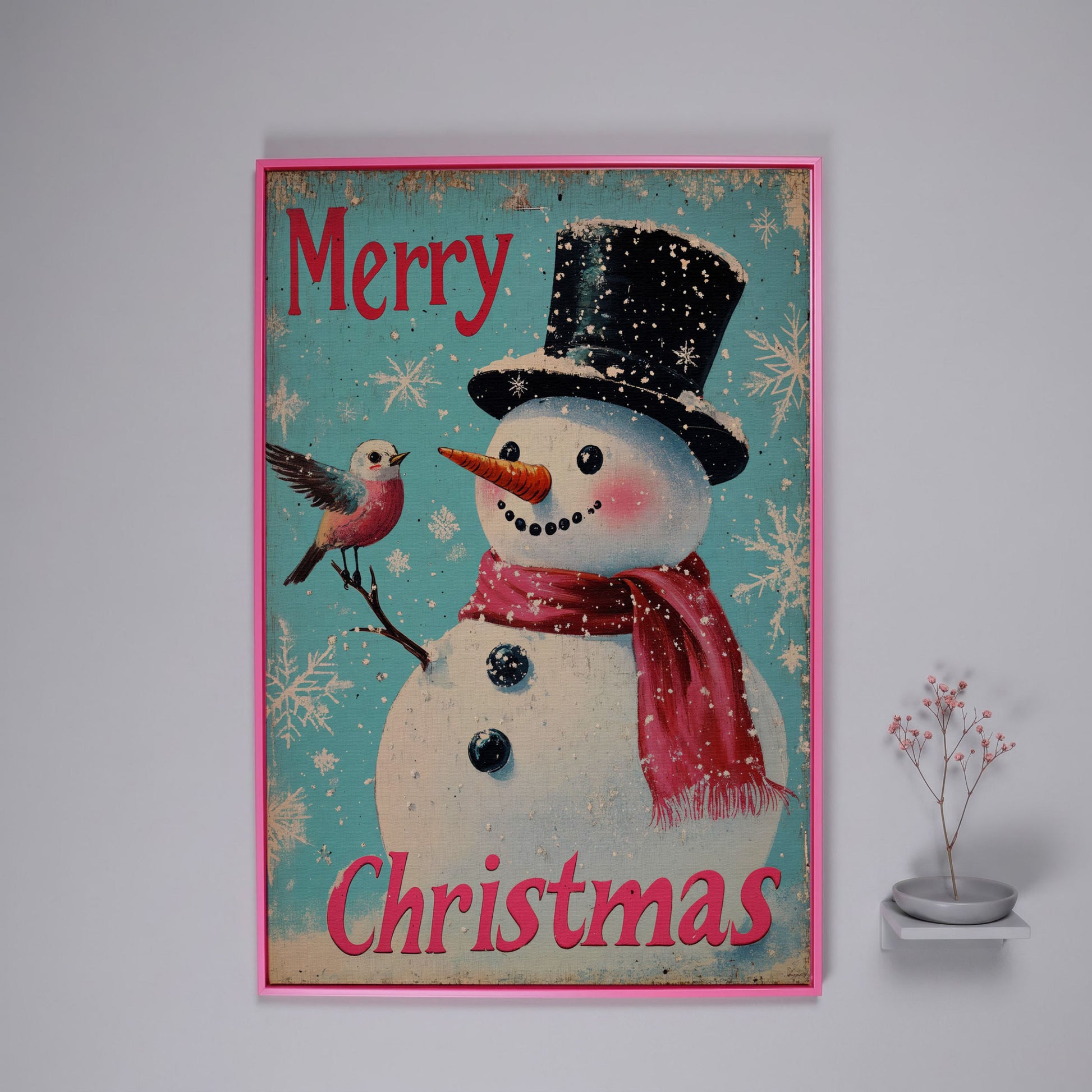 Merry Christmas Snowman with Winter Birds Canvas in pink floating frame