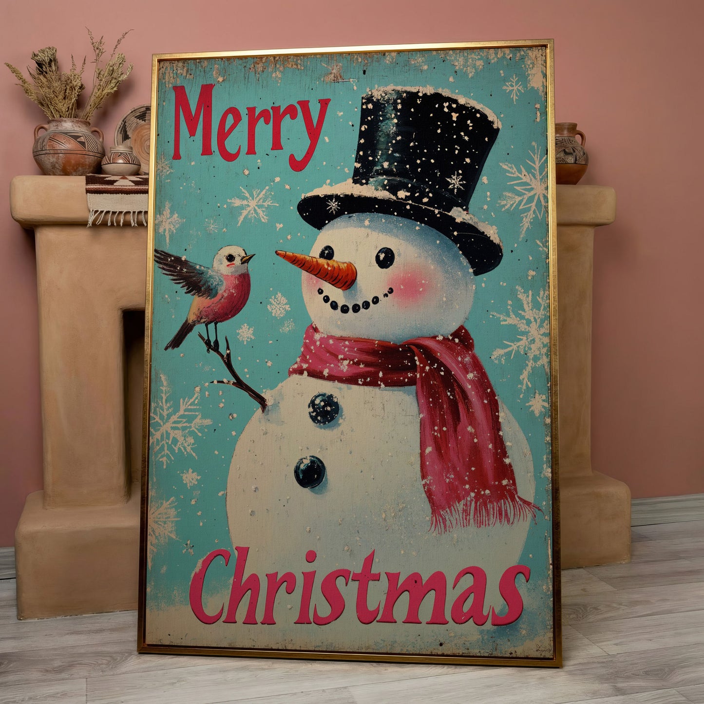 Merry Christmas Snowman with Winter Birds Canvas in rose gold floating frame