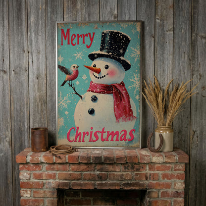 Merry Christmas Snowman with Winter Birds Canvas in silver floating frame