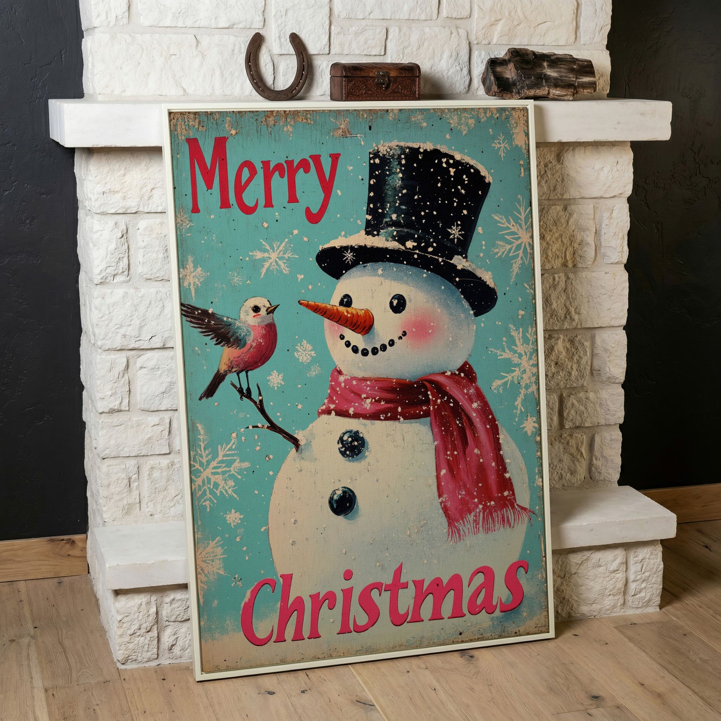 Merry Christmas Snowman with Winter Birds Canvas in white floating frame