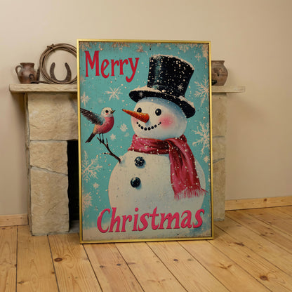Merry Christmas Snowman with Winter Birds Canvas in yellow gold floating frame