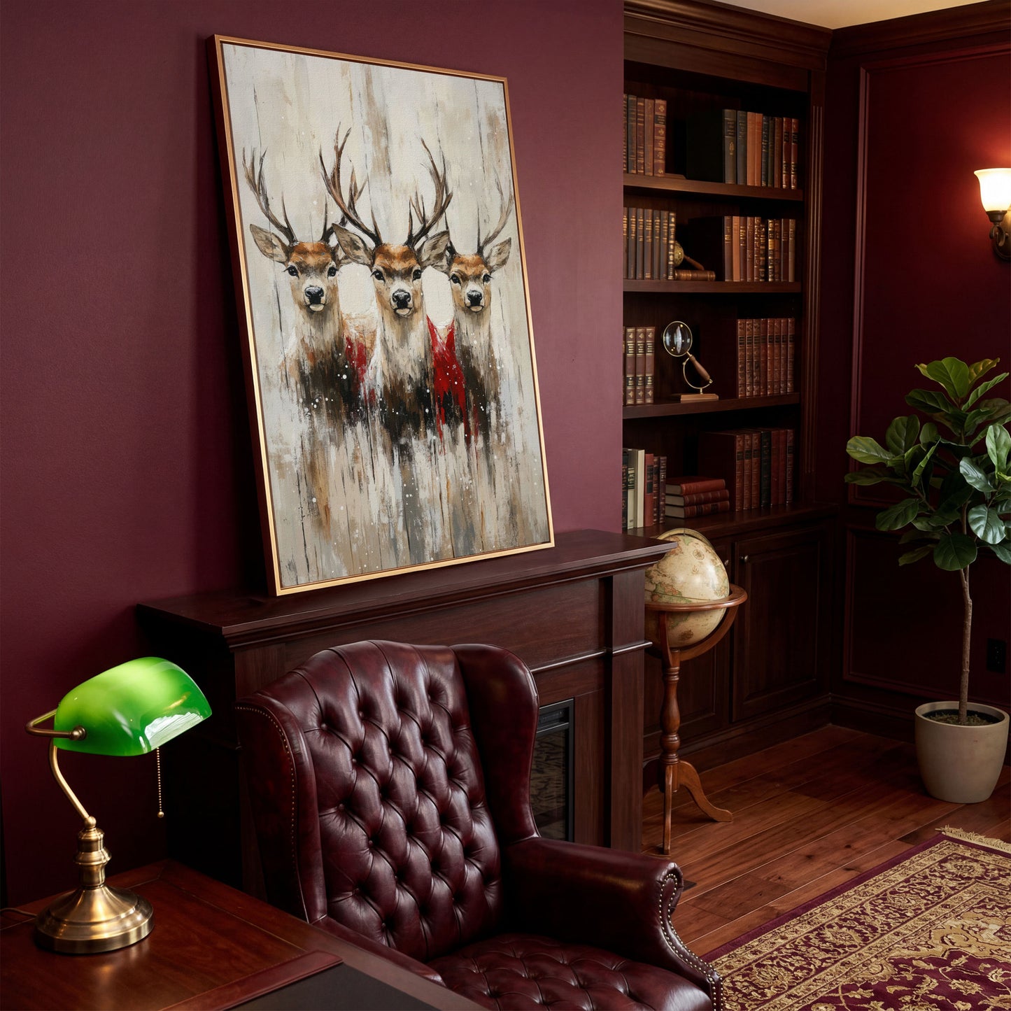 Three Reindeer Canvas Print in Burnt Umber and Cream in antique gold floating frame