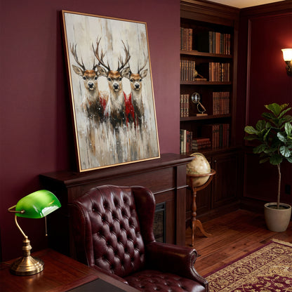 Three Reindeer Canvas Print in Burnt Umber and Cream in antique gold floating frame