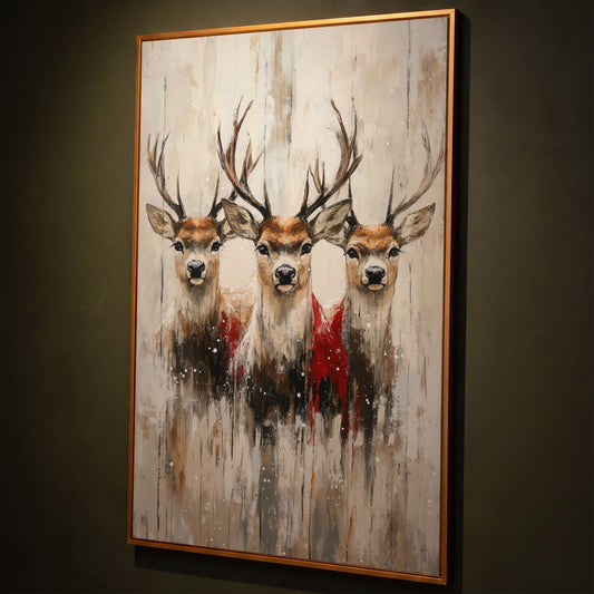 Three Reindeer Canvas Print in Burnt Umber and Cream shown in antique gold floating frame