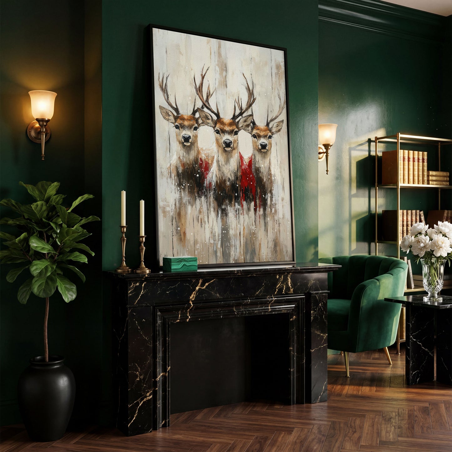 Three Reindeer Canvas Print in Burnt Umber and Cream in black floating frame