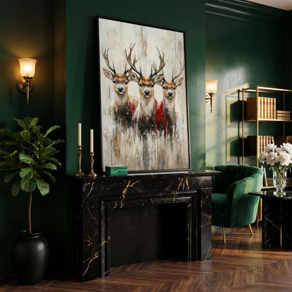 Three Reindeer Canvas Print in Burnt Umber and Cream in black floating frame