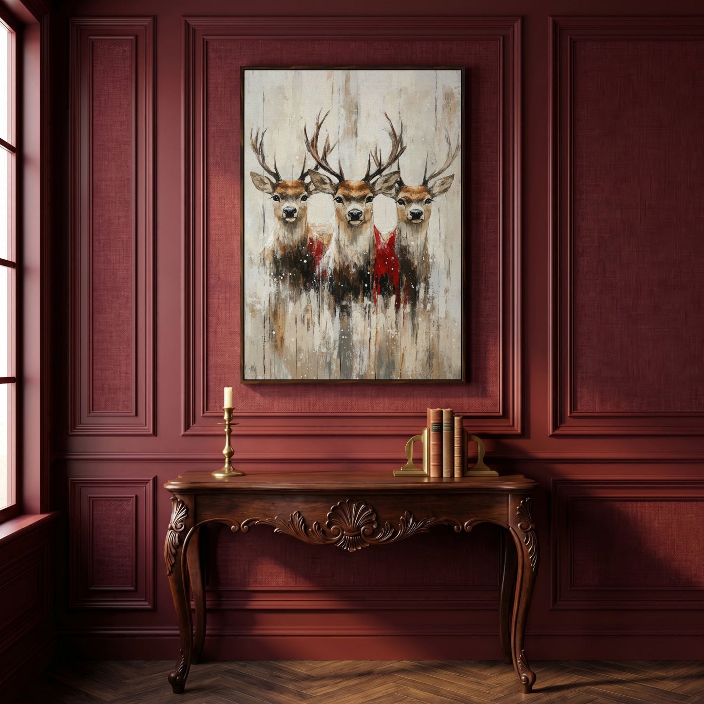 Three Reindeer Canvas Print in Burnt Umber and Cream in dark walnut floating frame