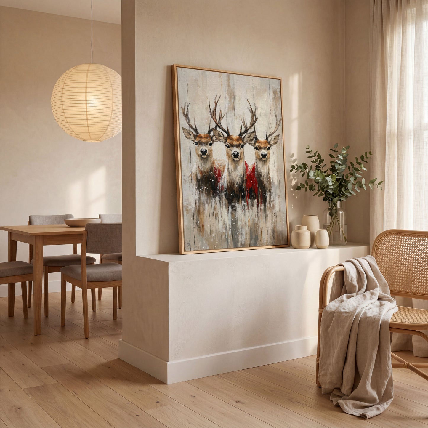 Three Reindeer Canvas Print in Burnt Umber and Cream in white oak floating frame