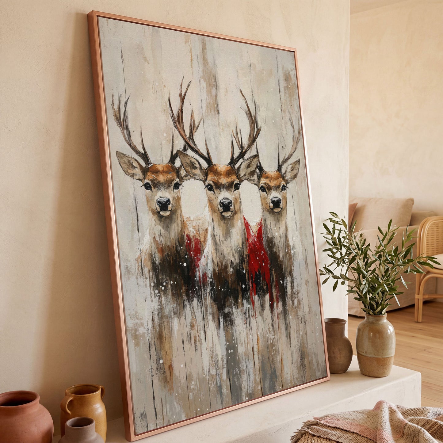 Three Reindeer Canvas Print in Burnt Umber and Cream in rose gold floating frame