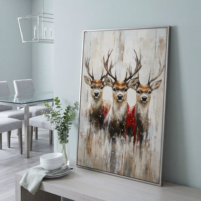 Three Reindeer Canvas Print in Burnt Umber and Cream in silver floating frame