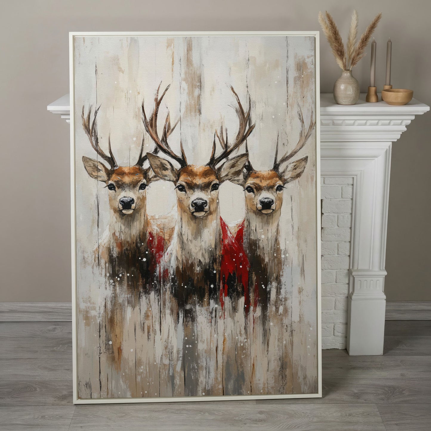 Three Reindeer Canvas Print in Burnt Umber and Cream in white floating frame