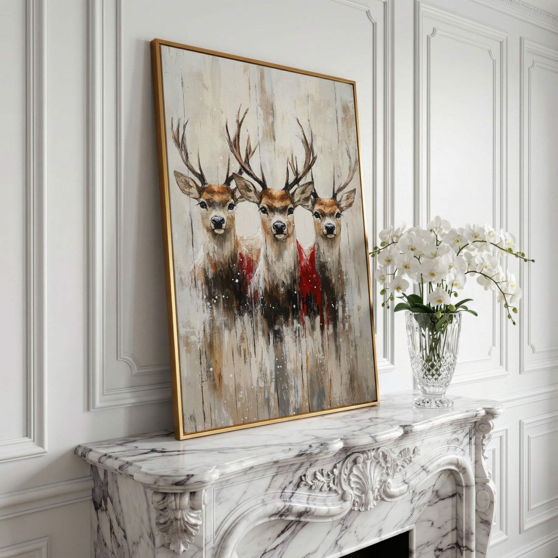 Three Reindeer Canvas Print in Burnt Umber and Cream in yellow gold floating frame