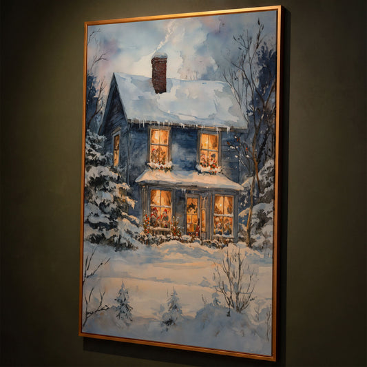 Snowy Christmas Cottage Canvas Print shown in antique gold floating frame