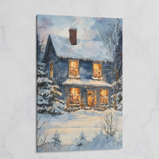 Snowy Christmas Cottage Canvas Print on gallery wrap